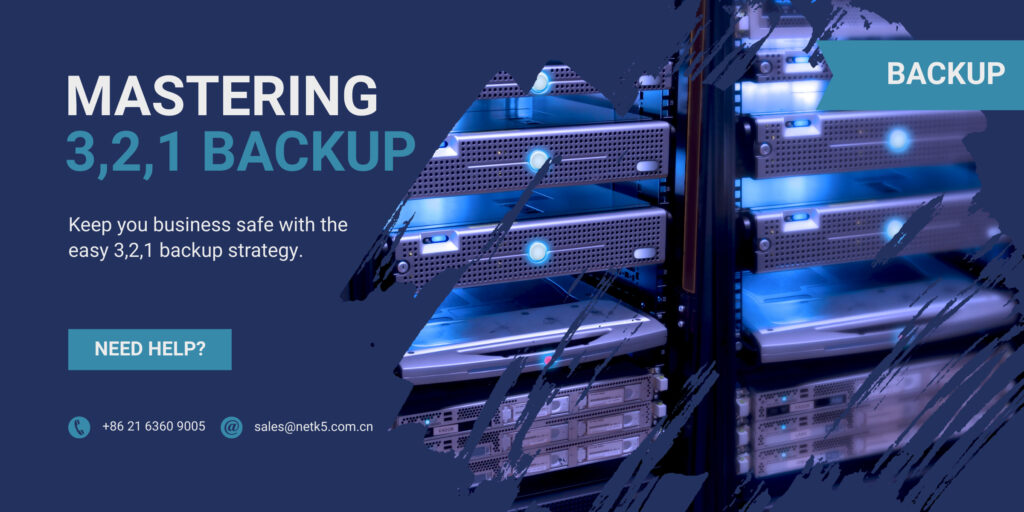 Server racks with glowing blue lights, overlaid with text promoting a 3-2-1 backup strategy and contact information for backup support.
