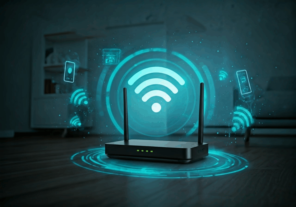 A wireless router with glowing Wi-Fi symbol and digital graphics representing wireless connectivity in a modern room.