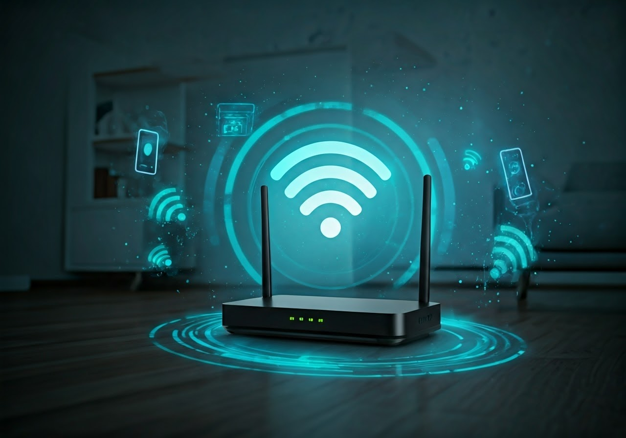 A wireless router with glowing Wi-Fi symbol and digital graphics representing wireless connectivity in a modern room.